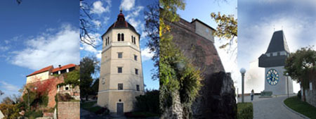Die Reste der Renaissance-Festung auf dem Schlossberg: Kanonenbastei, Glockenturm, Bastei, Uhrturm (von links)