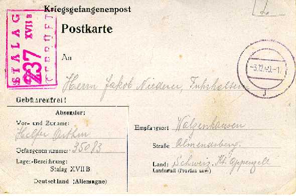 Vorder- und Rückseite einer Postkarte eines Kriegsgefangenen des Stalag XVII B. Gut zu 
	erkennen ist der Prüfstempel der Zensurstelle des Lagers. Freundlicherweise zur Verfügung gestellt von 
	Willy Niederer, Schweiz.